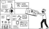 Person organising educational content on a large digital display made up of interconnected information panels.