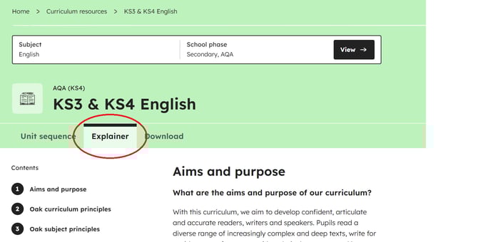 Curriculum explainer location example shown with a red oval on the secondary AQA English curriculum webpage