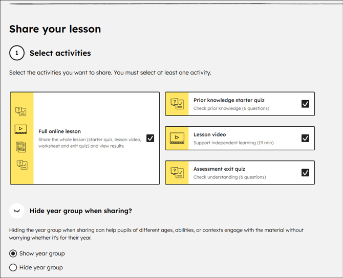 Share you lesson screen including Hide year group option