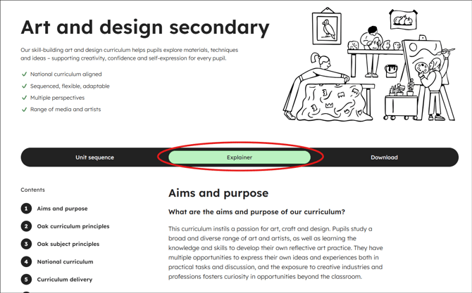 Art and design secondary curriculum explainer tab
