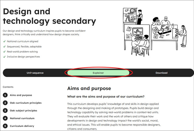 Design and technology secondary curriculum explainer tab