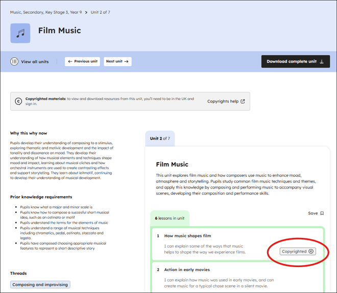 Example of a copyrighted lesson in a unit list