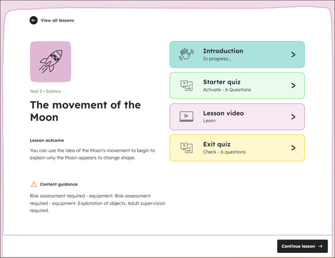 Example of content guidance position in a lesson overview page in the pupil area