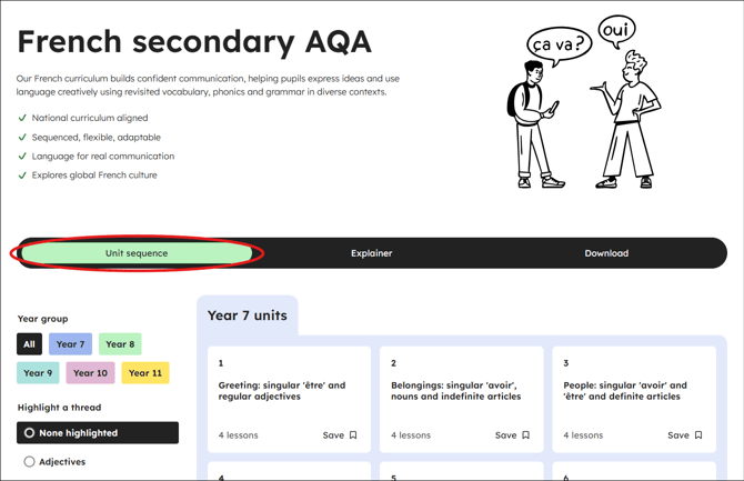 French secondary aqa curriculum unit sequence tab