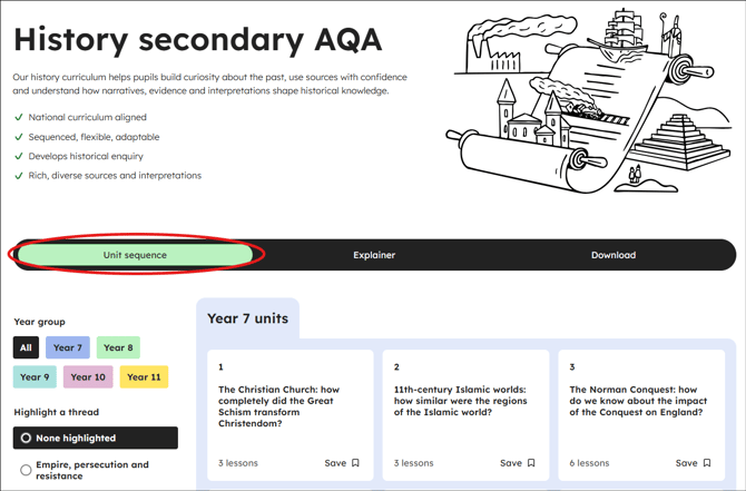 History secondary aqa curriculum unit sequence tab