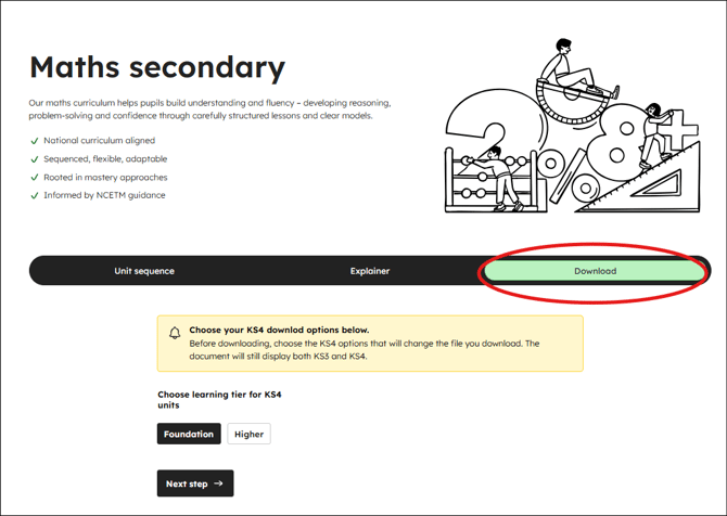 Maths secondary curriculum download tab location