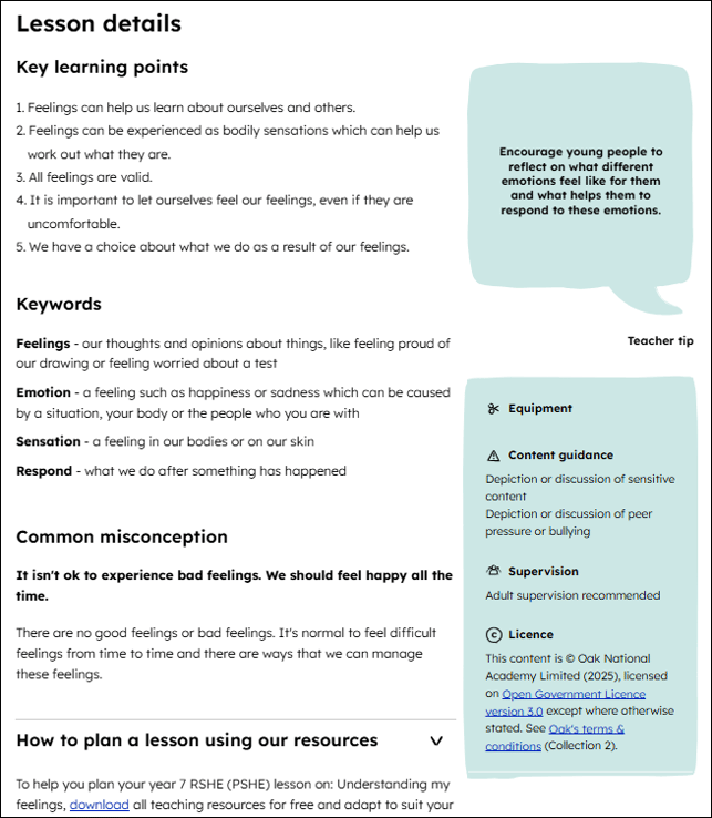 Lesson details including key learning points, keywords, common misconceptions 