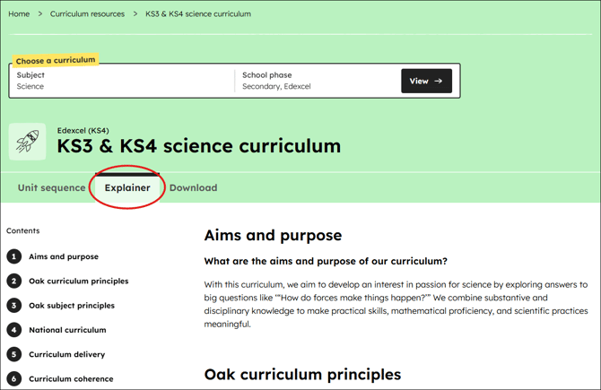 curriculum explainer location on the secondary Edexcel science curriculum webpage