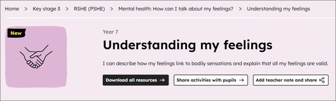 Lesson page header with lesson title, learning outcomes and buttons to download resources, share activities with pupils and add teacher notes to share.