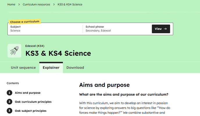 Science curriculum explainer location on the secondary Edexcel science curriculum webpage