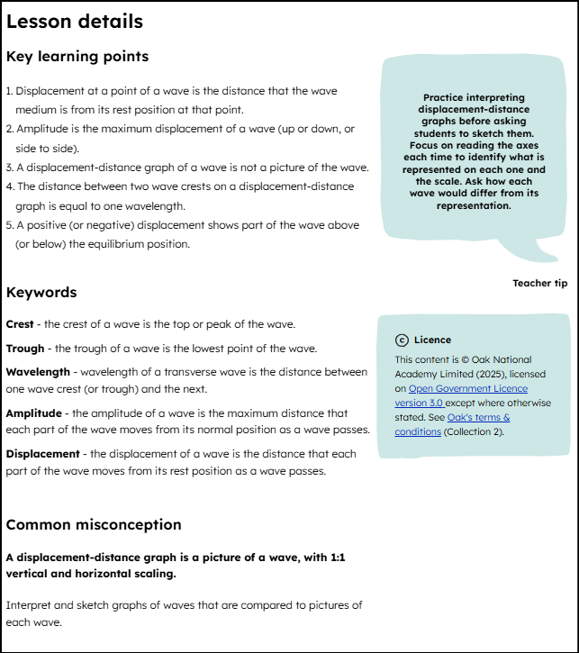 Lesson details on a lesson page including key learning points, keywords and common misconceptions. This is for a year 10 AQA Higher physics lesson