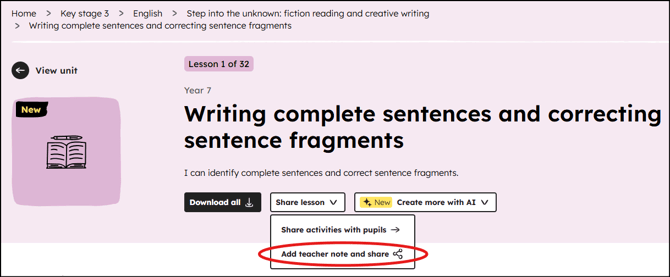Location of Add teacher note and share button on a lesson page