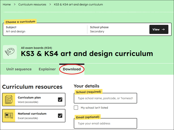 Art and design curriculum download position