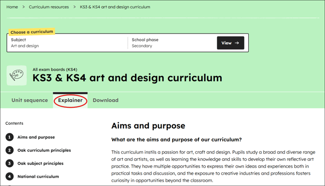 Art and design curriculum explainer position