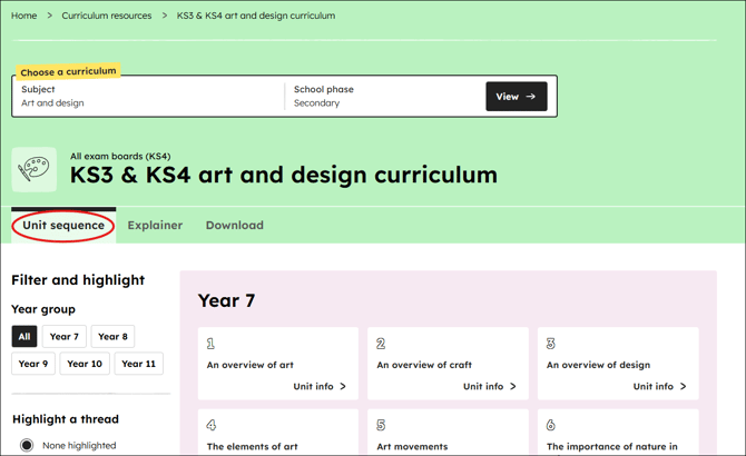 Art and design curriculum unit sequence position