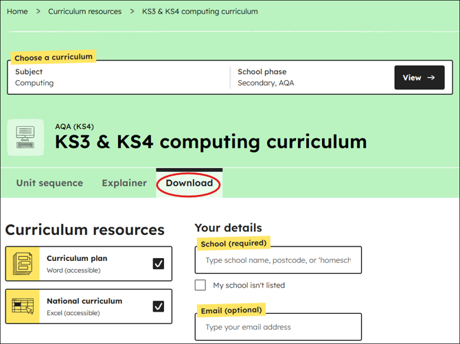 Computing curriculum download position