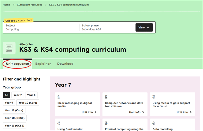 Computing curriculum unit sequence position