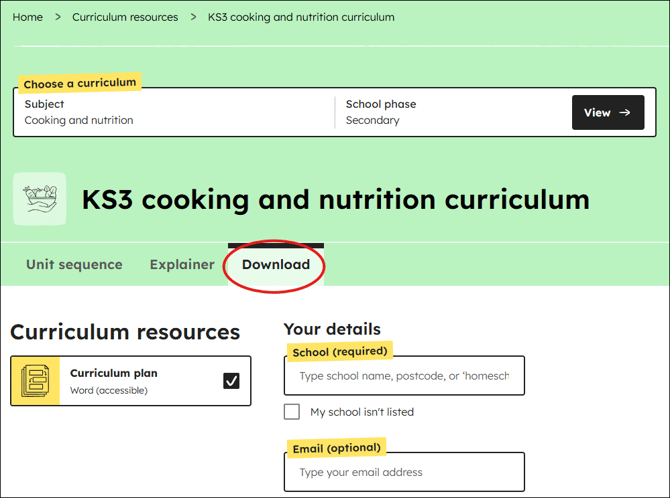 Cooking and nutrition curriculum download position