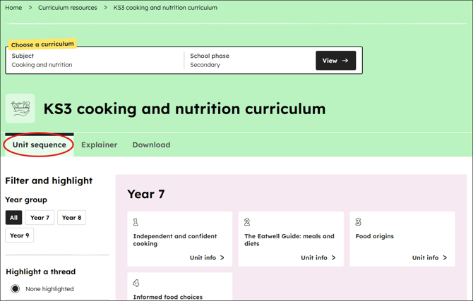 Cooking and nutrition curriculum unit sequence position