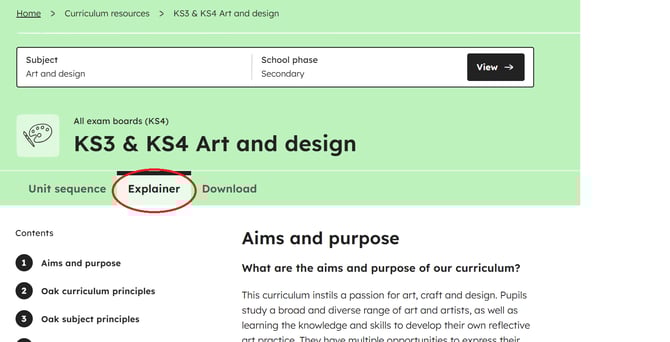 curriculum explainer location for the secondary art and design curriculum webpage