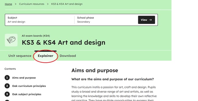 curriculum explainer location art and design