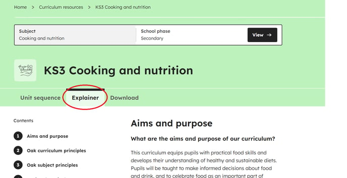 curriculum explainer location cooking and nutrition