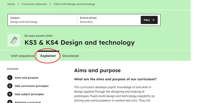 curriculum explainer location design and technology