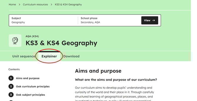 curriculum explainer location for the secondary AQA geography curriculum webpage 