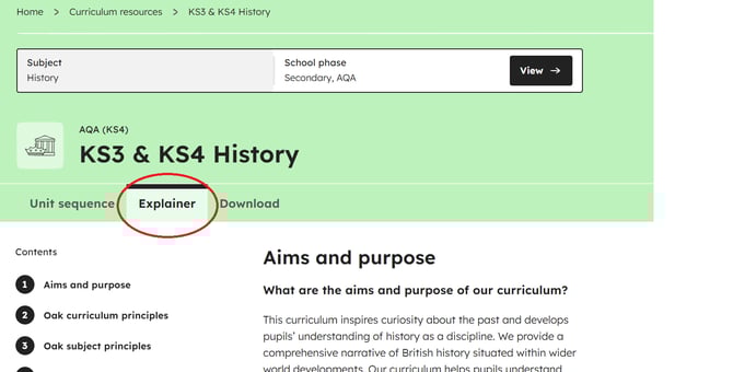 curriculum explainer location on the secondary AQA history curriculum webpage
