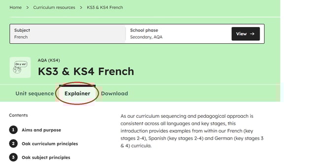 curriculum explainer location on the secondary AQA MFL curriculum webpage