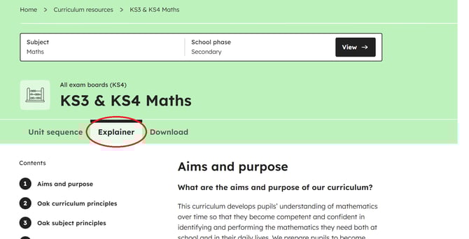 curriculum explainer location on the secondary maths curriculum webpage