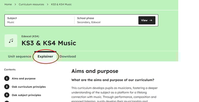 curriculum explainer location on the secondary Edexcel music curriculum webpage
