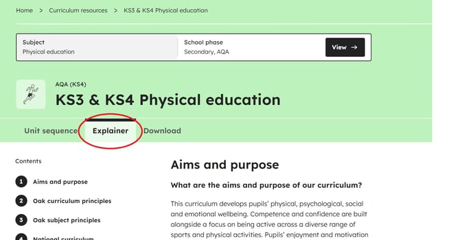 curriculum explainer location on the secondary AQA PE curriculum webpage