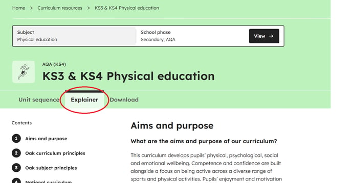 curriculum explainer location physical education