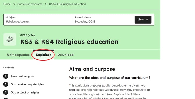 curriculum explainer location on the secondary GCSE RE curriculum webpage