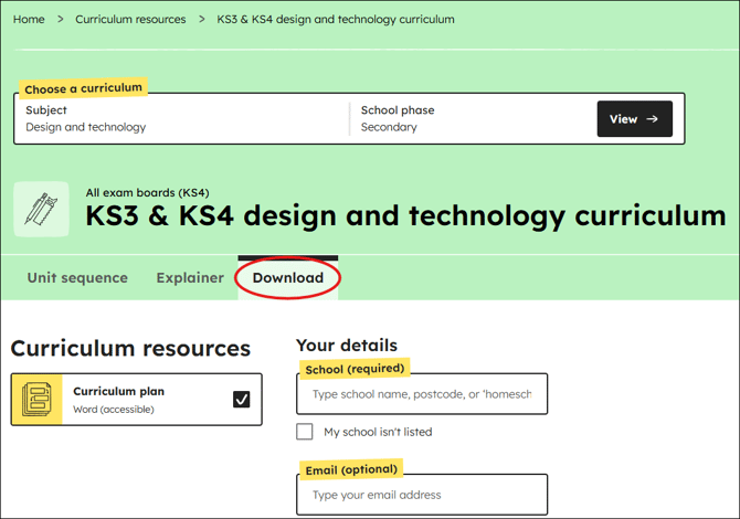 Design and technology curriculum download position