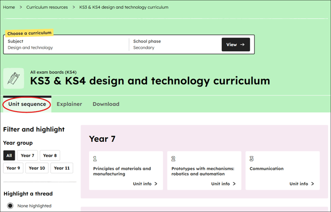 Design and technology curriculum unit sequence position