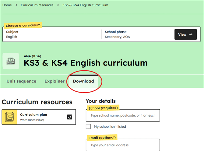 English curriculum download position