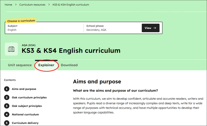 English curriculum explainer position