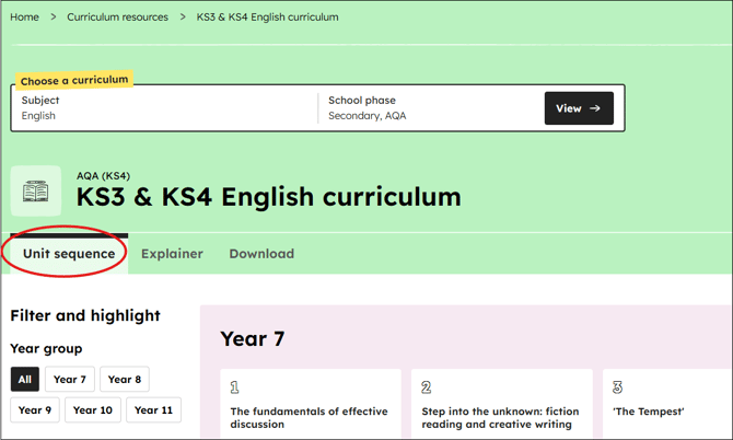 English curriculum unit sequence position