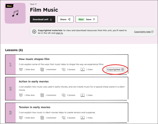 Example of a copyrighted lesson in a unit list