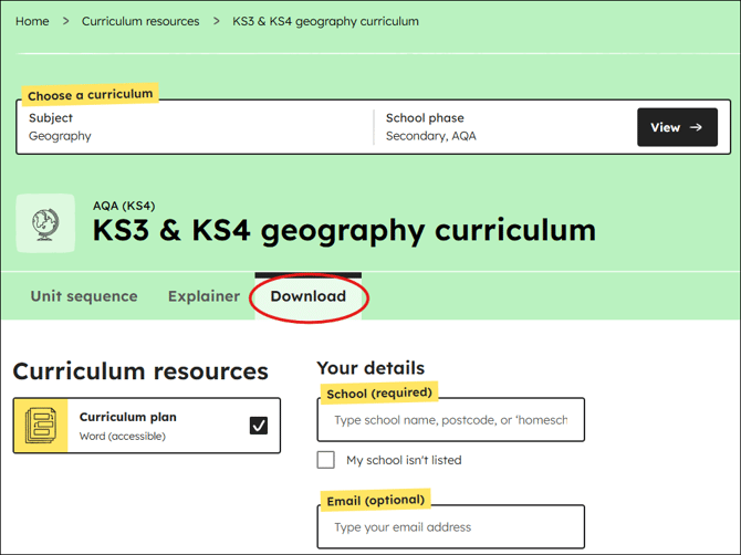 Geography curriculum download position