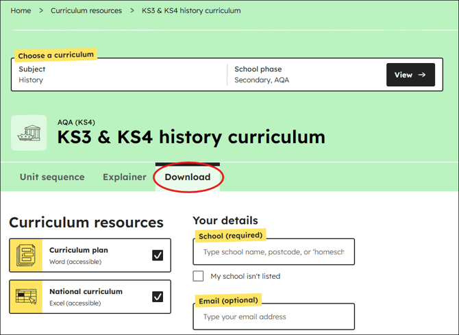 History curriculum download position