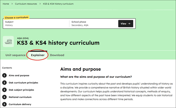History curriculum explainer position