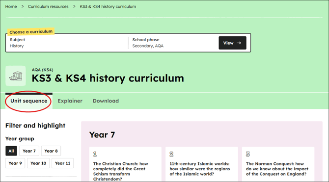 History curriculum unit sequence position