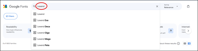 The word Lexend is circled to highlight where it is in the search bar of the website https://fonts.google.com/