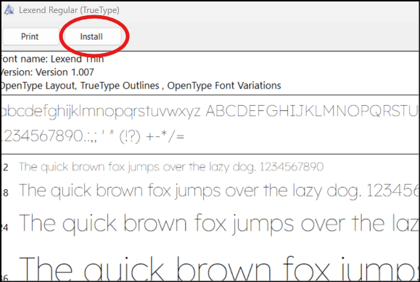 Part of the opened font file with the word Install circled to show where it is in the top left corner