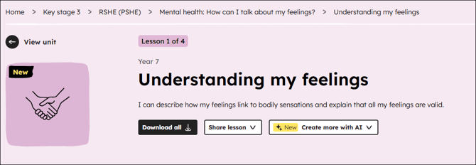 Position of lesson page title and learning outcomes on a lesson page