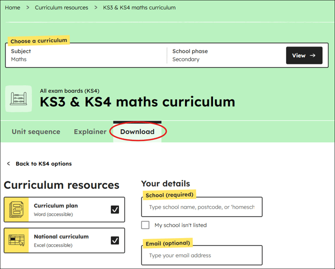 Maths curriculum download position