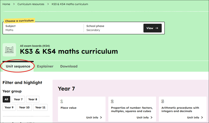 Maths curriculum unit sequence position